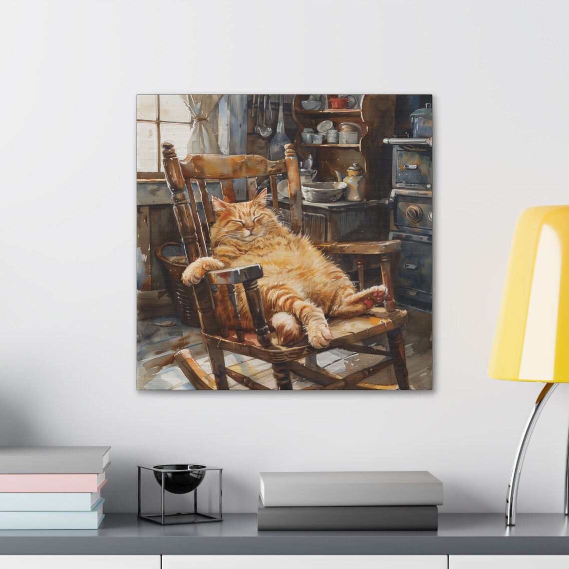 Fluffy Orange Cat Lounging in Wooden Rocking Chair Farmhouse Poster - Image 3