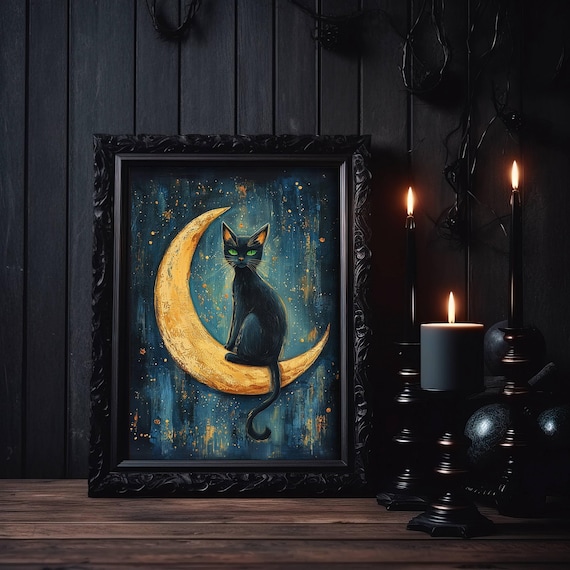 Black Cat Sitting on a Golden Crescent Moon Starry Night Poster