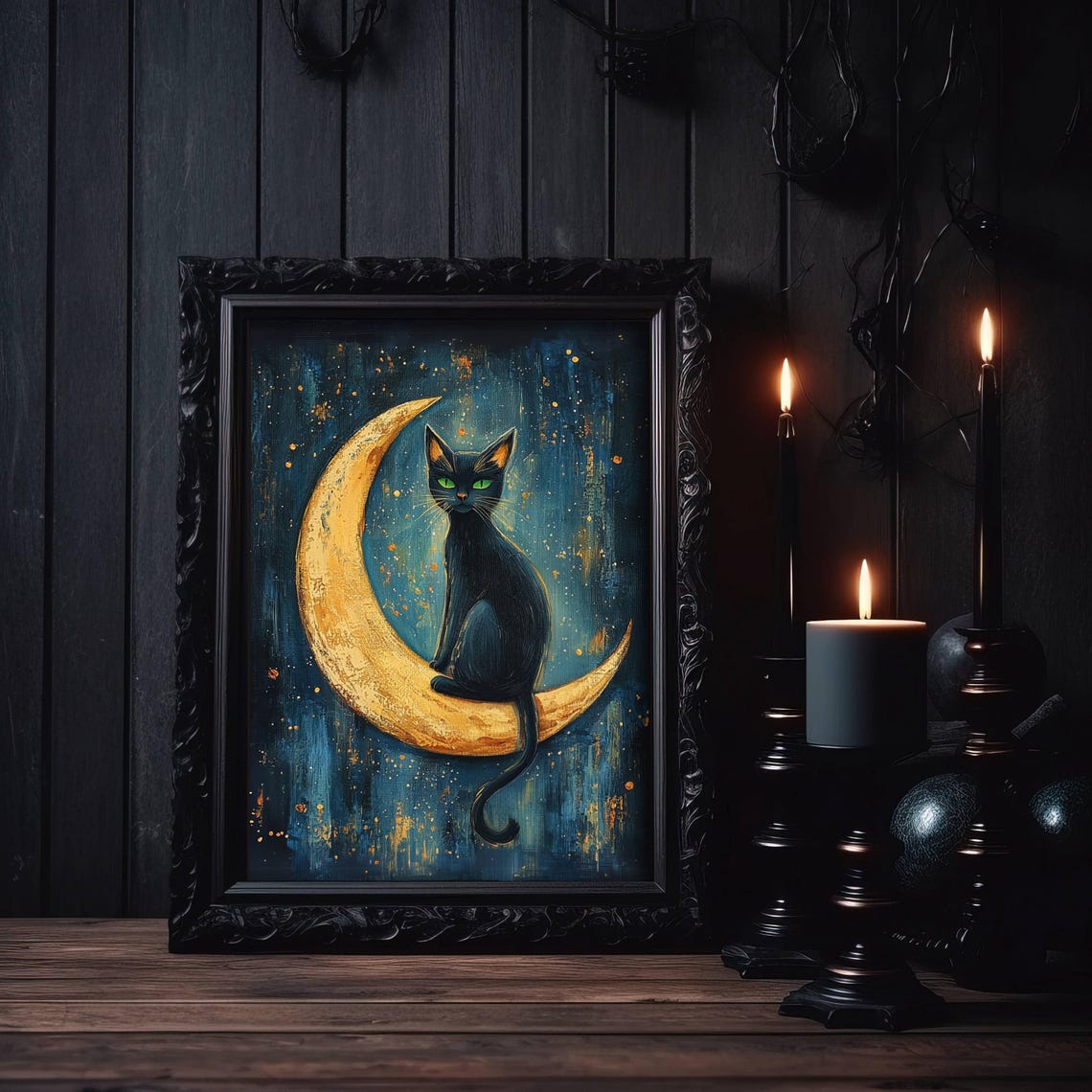 Black Cat Sitting on a Golden Crescent Moon Starry Night Poster