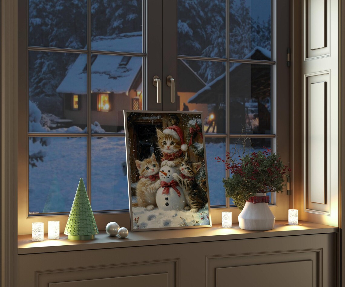 Three Kittens Building A Snowman Christmas Watercolor Poster - Image 3