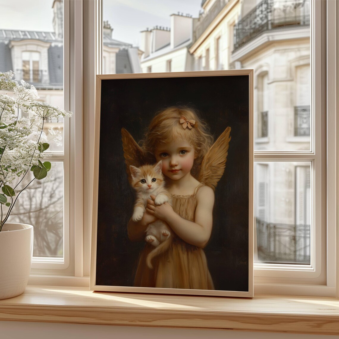 Victorian Angel Girl With Golden Wings Holding an Adorable Orange Kitten Poster - Image 5