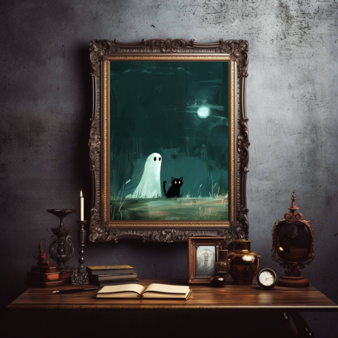 Ghost And Black Cat On A Hill Under The Full Moon Night Poster - Image 4