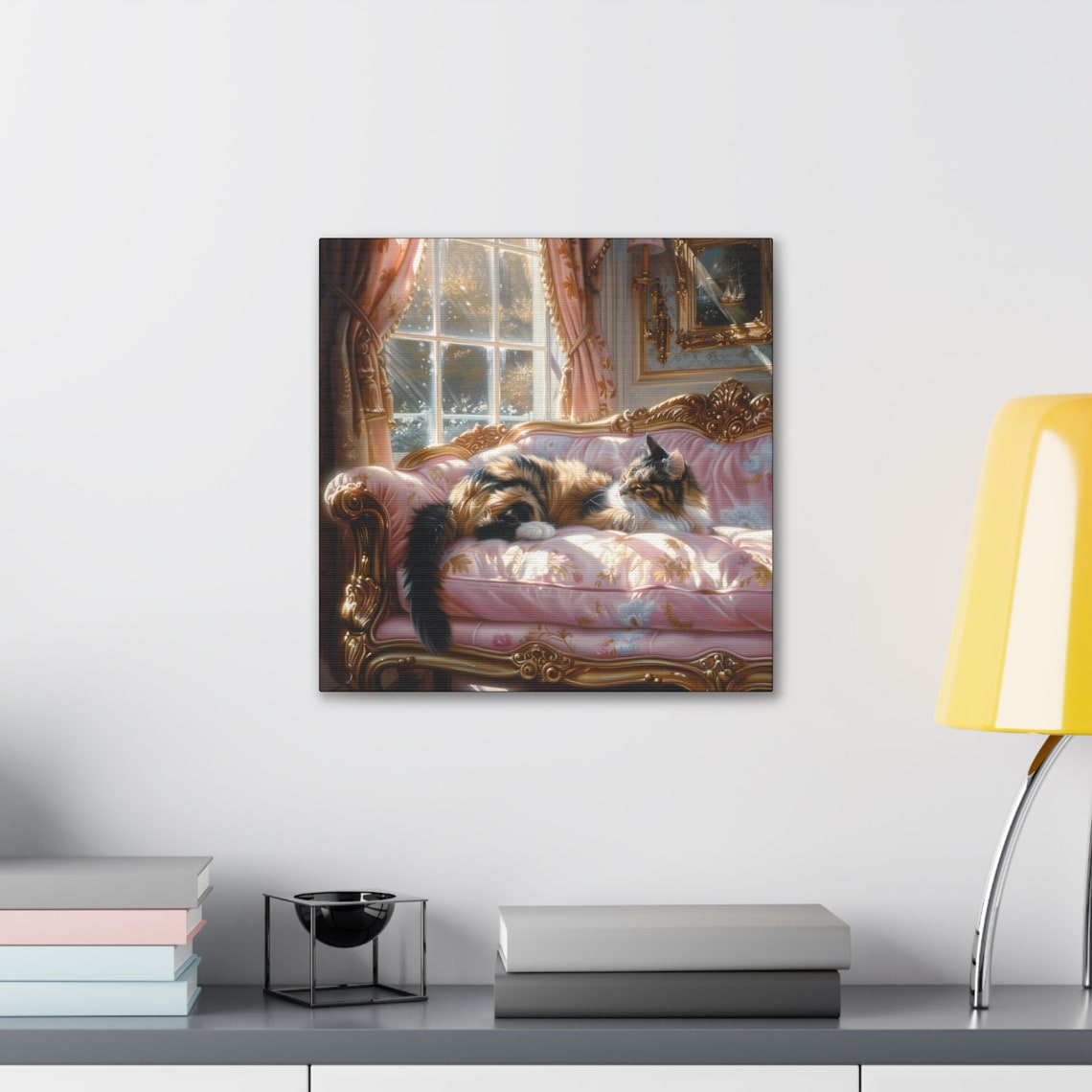 Long Haired Calico Cat Reclining on a Pink Victorian Sofa Poster - Image 5
