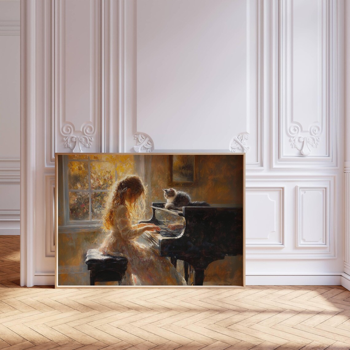 Girl Playing Piano With Her Cat, Music Room Art Print - Image 4