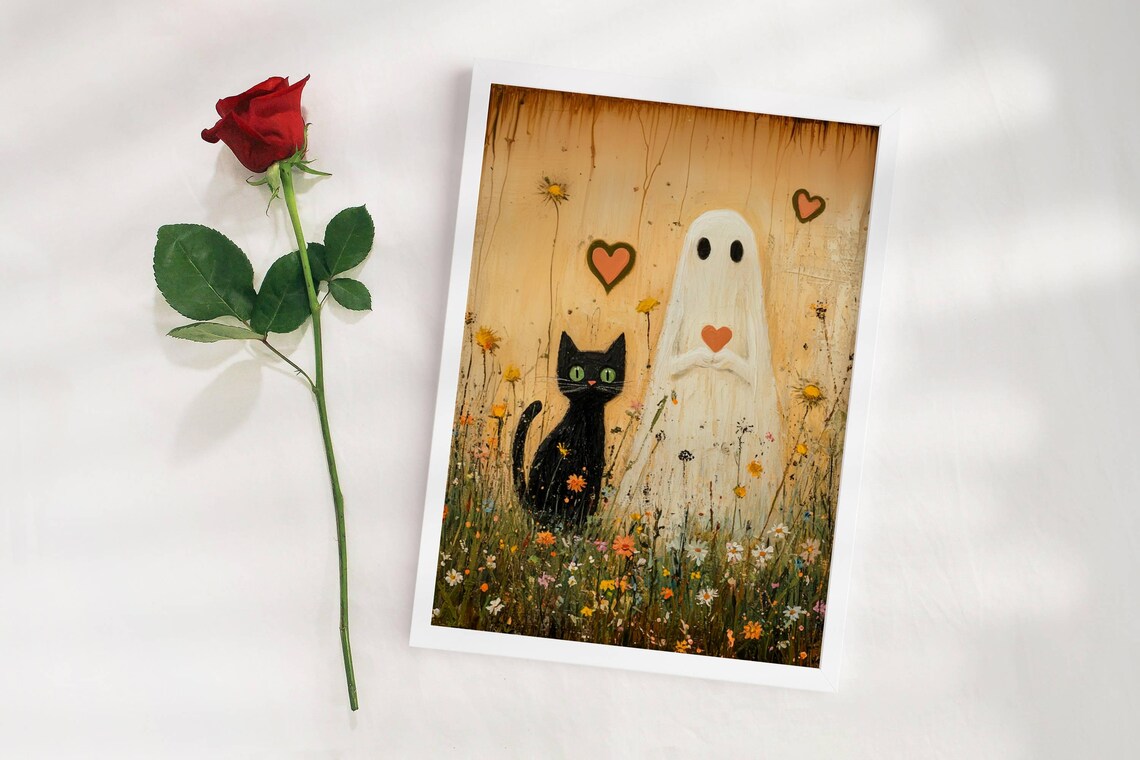Gentle Ghost Holding a Heart Beside a Black Cat in a Golden Meadow Poster - Image 7