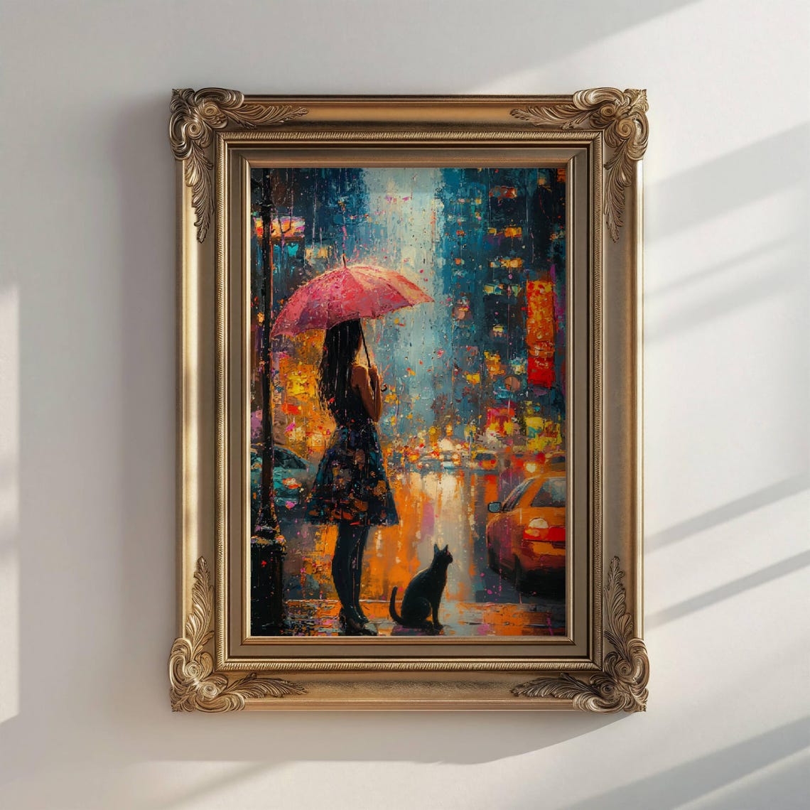 Impressionist Girl And Cat In Rain Poster Cityscape Wall Art Decor Moody Home Decor - Image 4