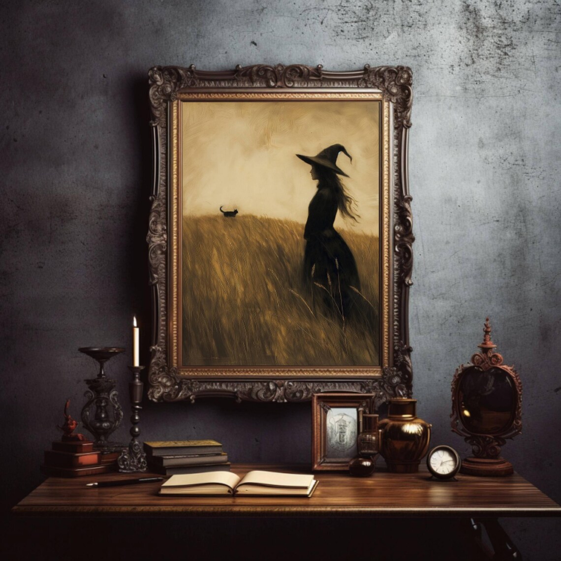 Witch In A Field With Black Cat, Halloween Art Print - Image 4
