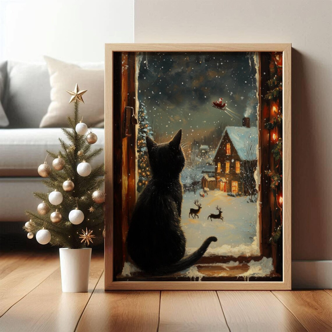 Black Cat Watching Santa Claus Christmas Poster - Image 6
