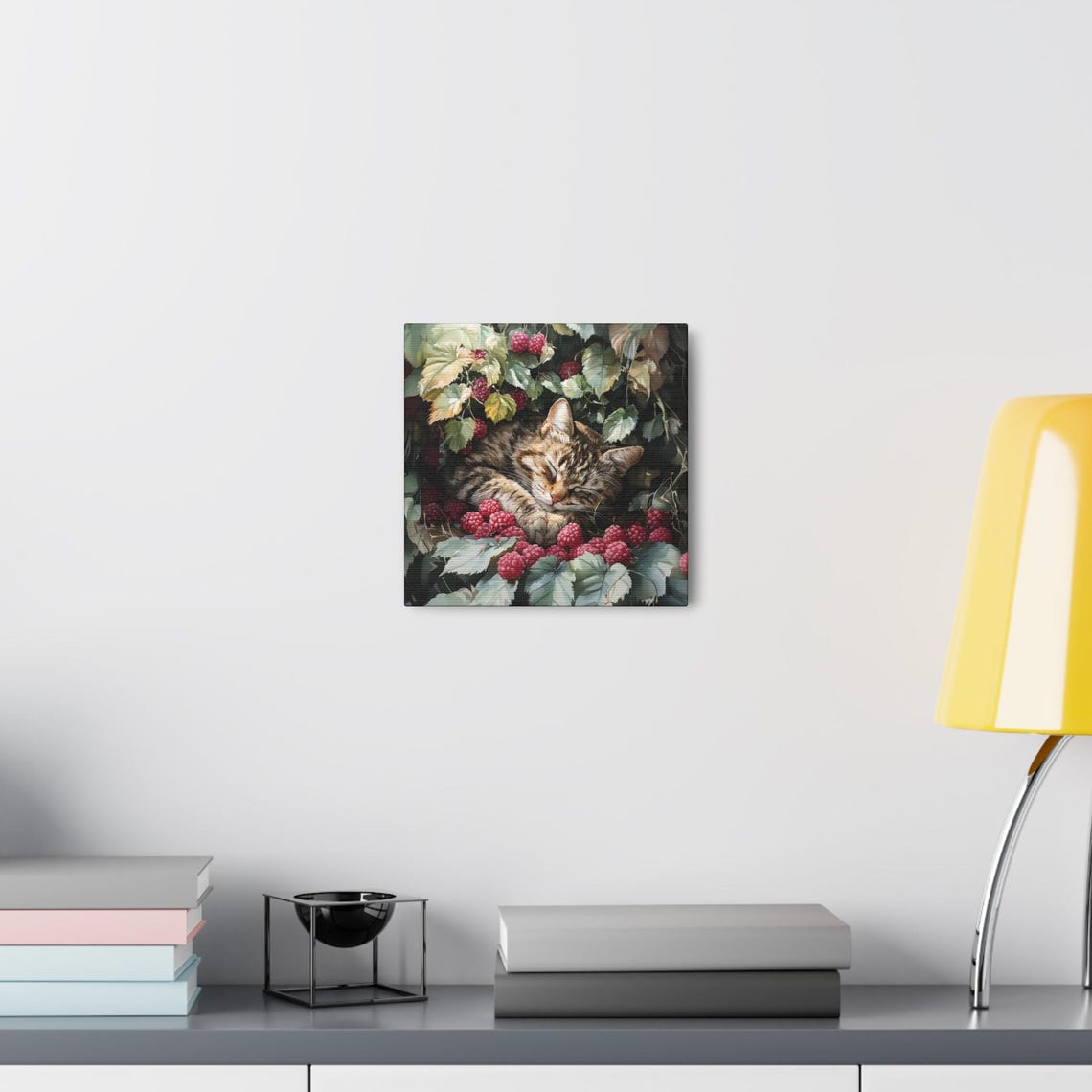 Sleepy Tabby Kitten Napping Among Ripe Raspberry Vines in Bloom Poster - Image 5