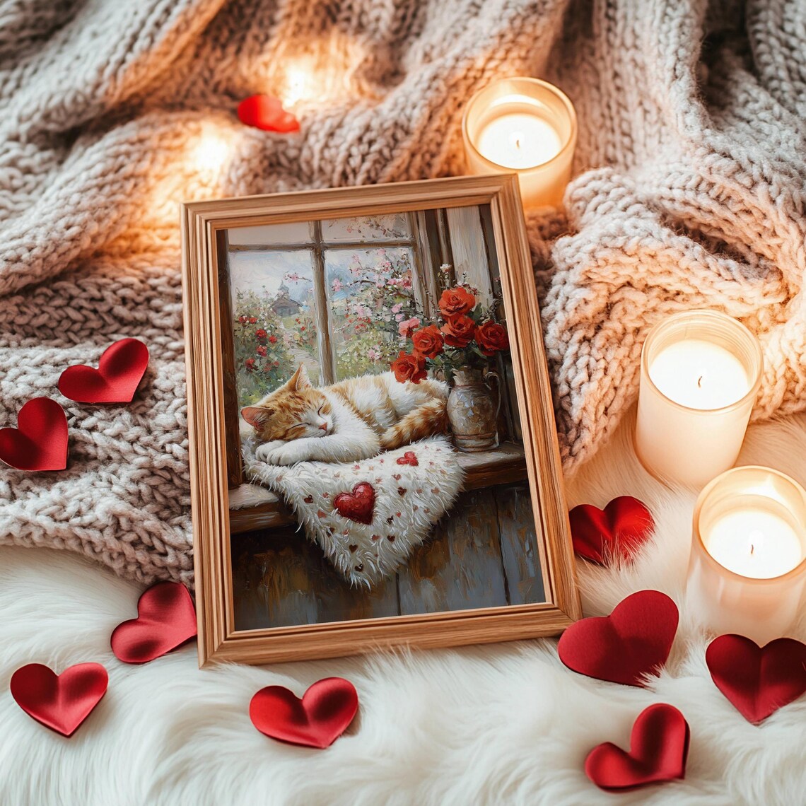 Tabby Cat Valentines Day Floral Wall Art Print - Image 4