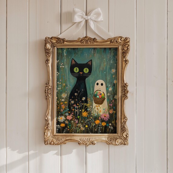 Black Cat and Tiny Ghost Hunting Easter Eggs Among Spring Wildflowers Poster