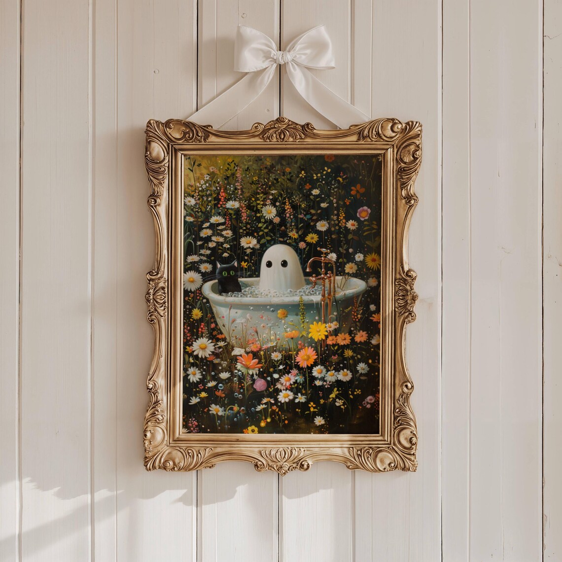 Ghost And Cat In Bathtub, Whimsigoth Halloween Art Print - Image 5