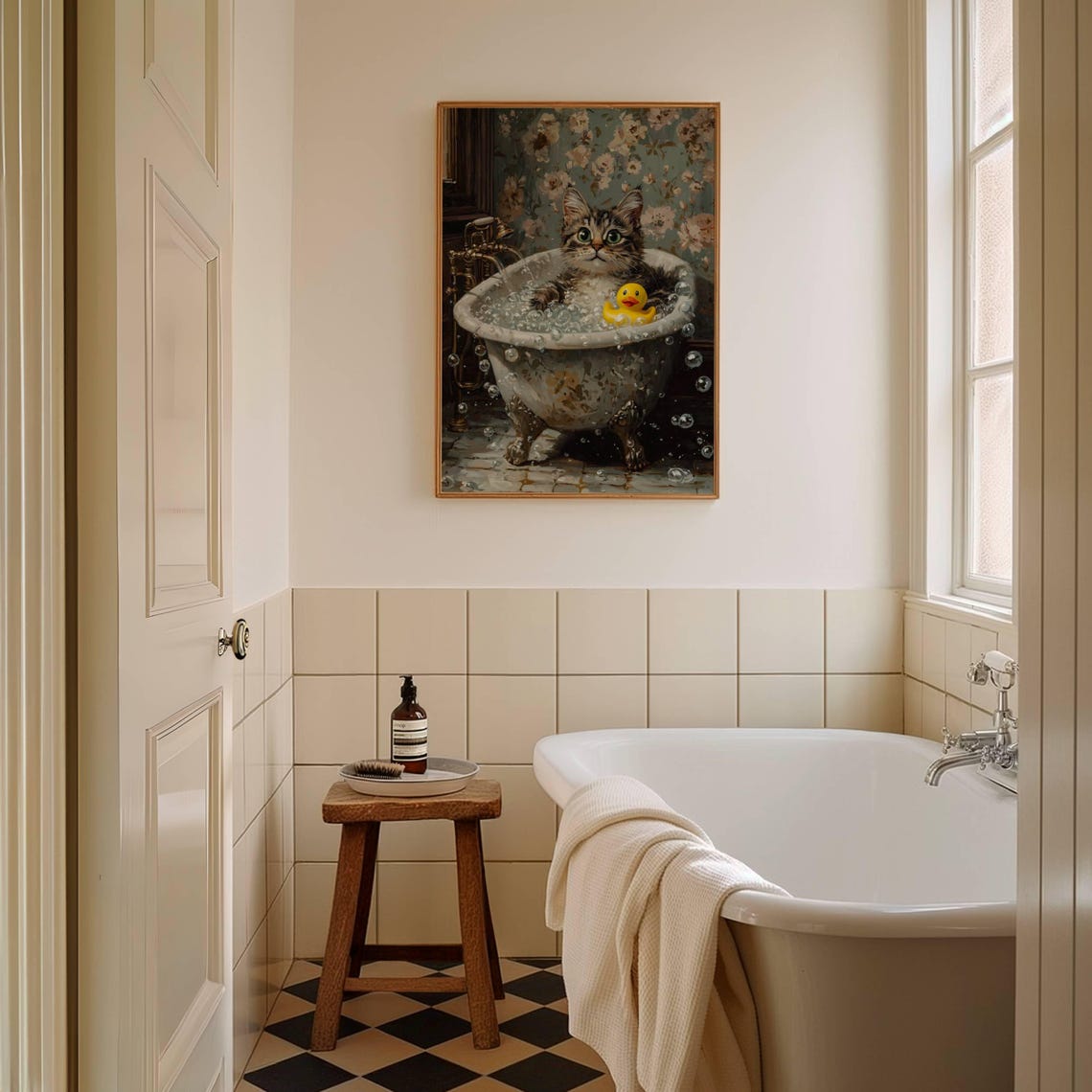 Fluffy Tabby Kitten With a Rubber Duck in a Bubble Bath Poster - Image 3