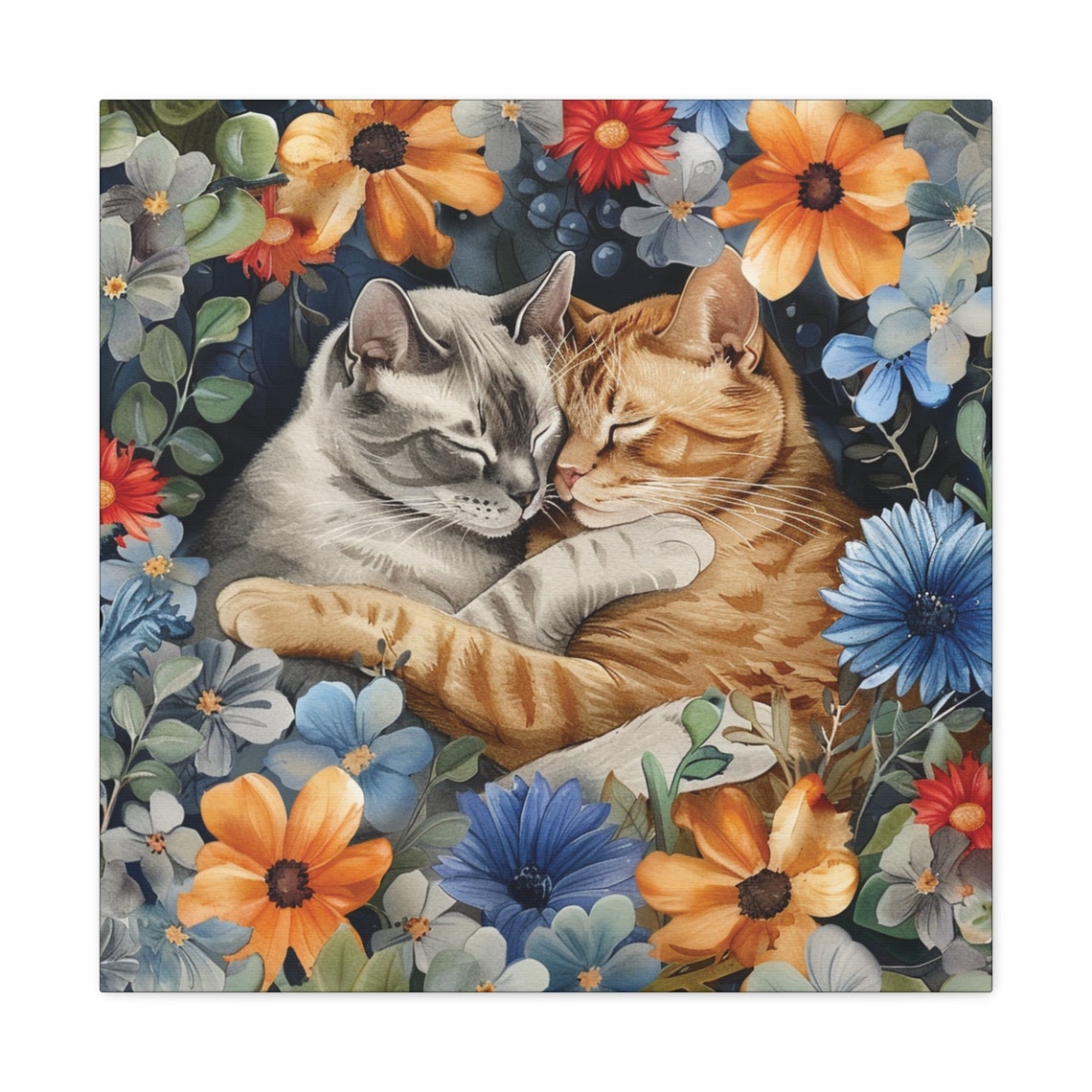 Two Cuddling Cats Surrounded by Blue and Orange Flowers Poster - Image 2