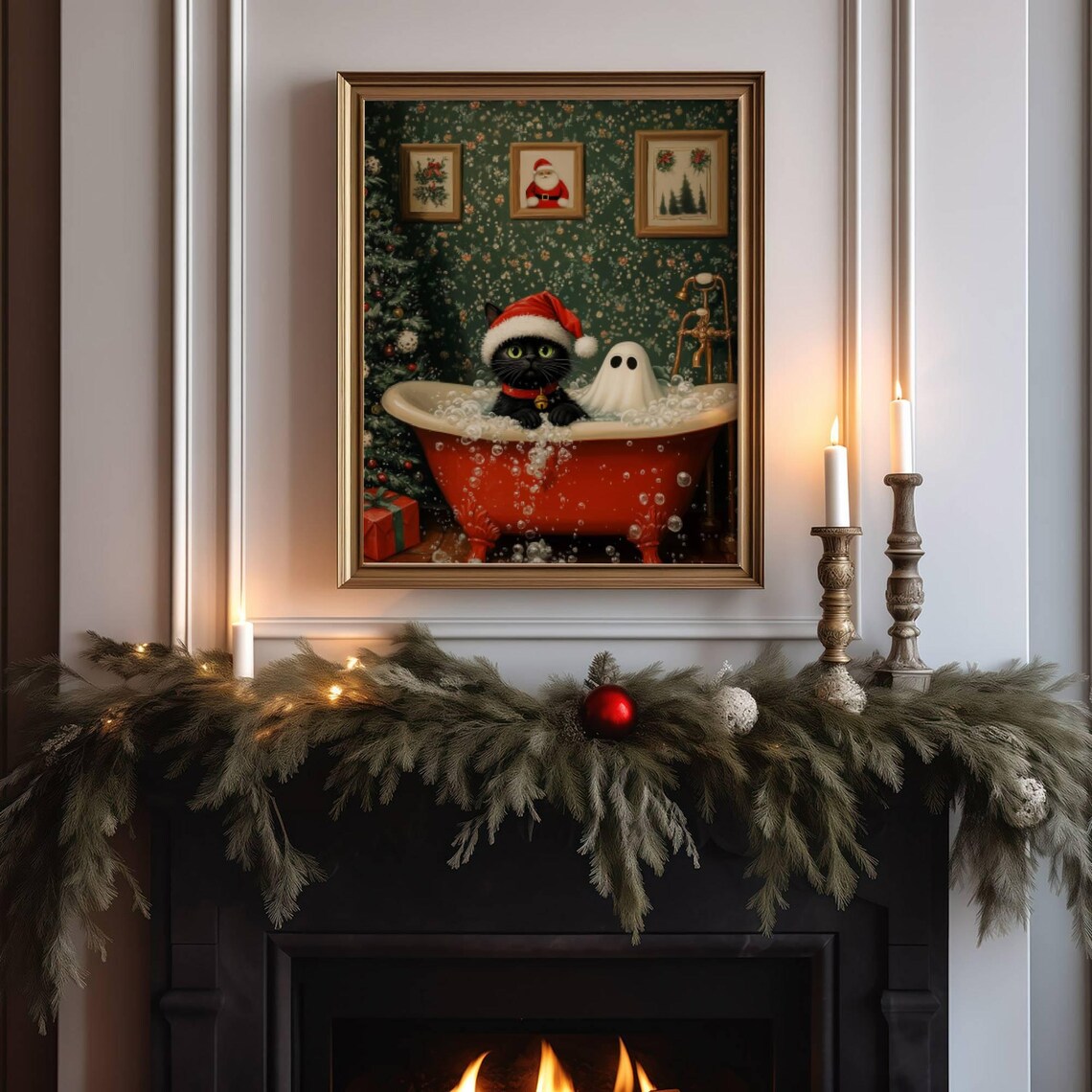 Ghost And Cat Christmas Bath Art, Whimsigoth Poster - Image 5