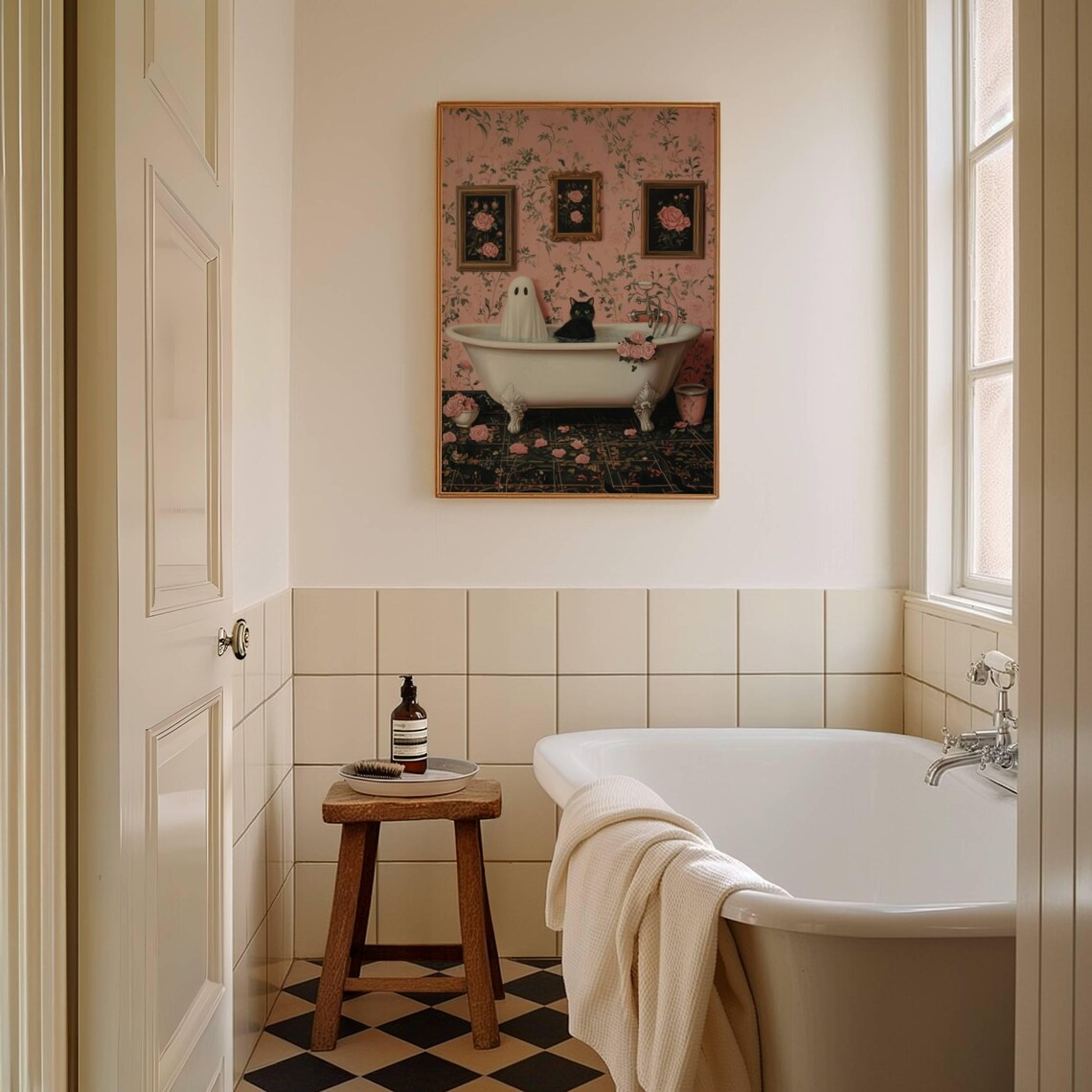Ghost and Black Cat in a Clawfoot Tub With Pink Floral Wallpaper Poster - Image 5