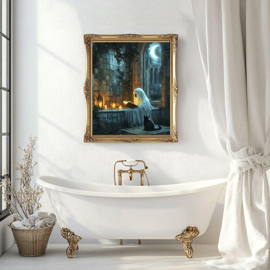 Draped Ghost Reading by Candlelight With a Black Cat in a Gothic Chapel Poster - Image 7