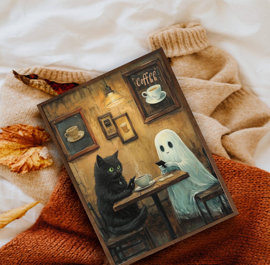 Black Cat and Ghost on Phones Over Coffee at a Cozy Cafe Poster - Image 6