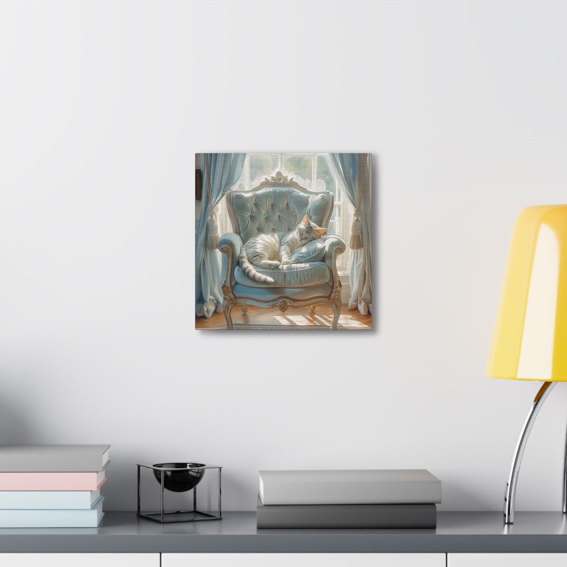 Sleeping Silver Tabby Cat Curled on a Blue Tufted Chair Poster - Image 4