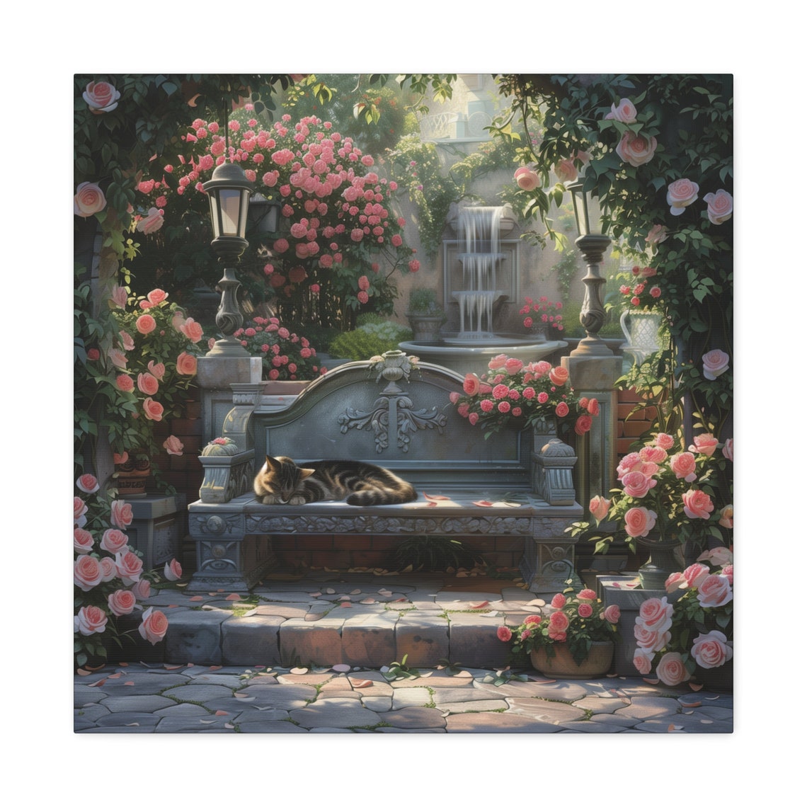 Tabby Cat Napping on Stone Bench in Pink Rose Garden Fountain Poster - Image 2