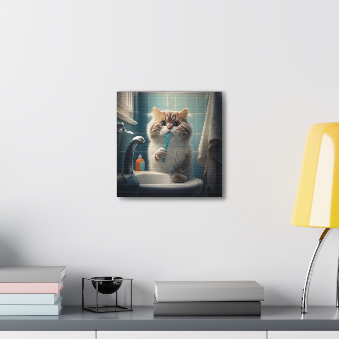 Fluffy Cat Brushing Teeth in a Blue Tile Bathroom Sink Poster - Image 4