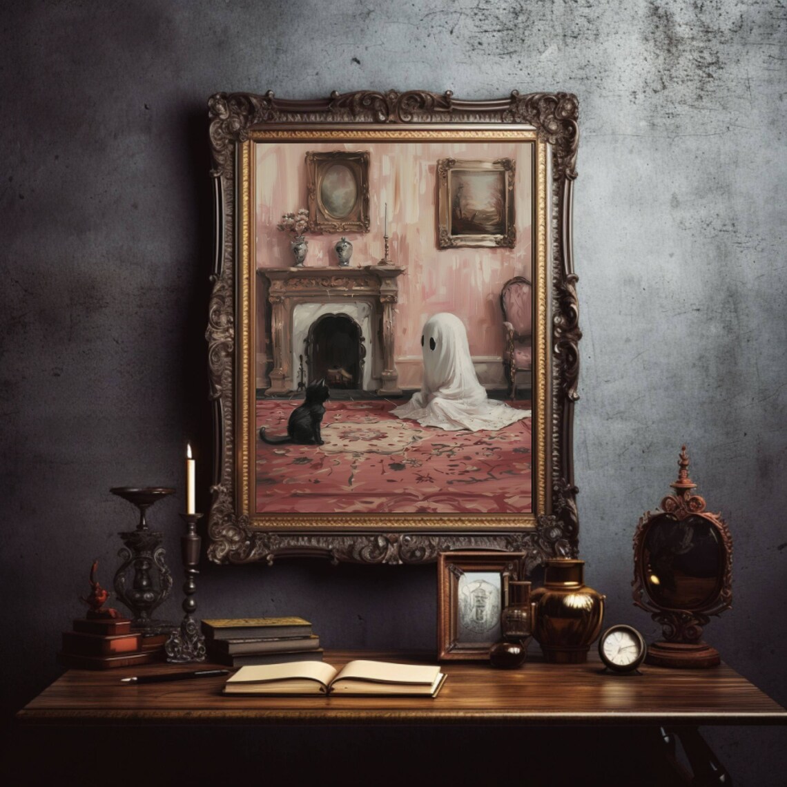 Cute Ghost And Black Cat Meeting In A Victorian Parlor Art Poster - Image 4