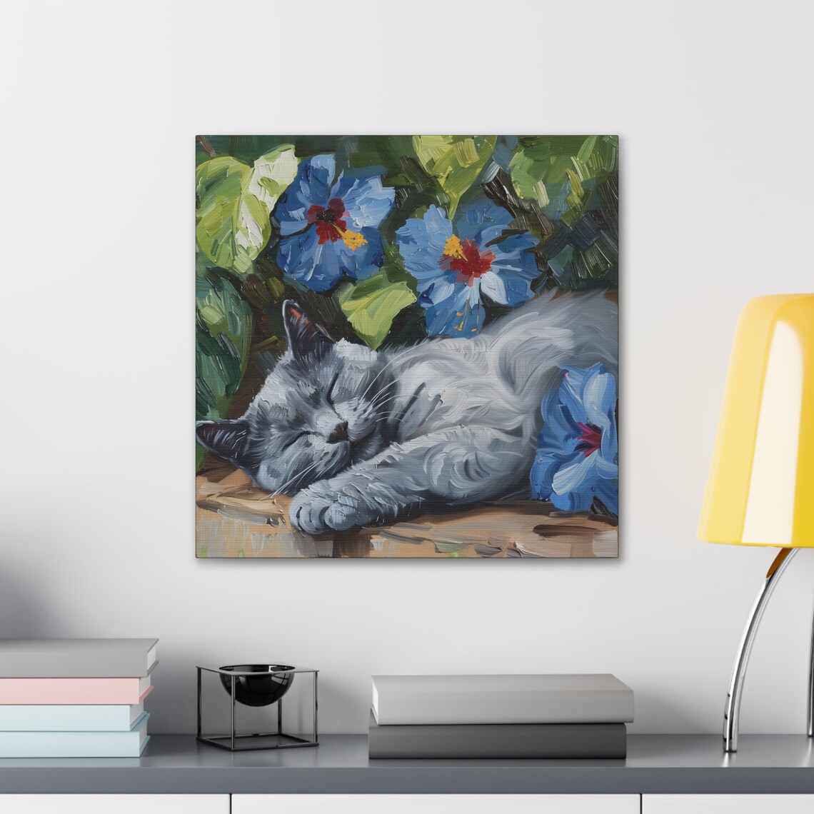 Russian Blue Gray Cat Sleeping Among Blue Hibiscus Flowers Poster - Image 3