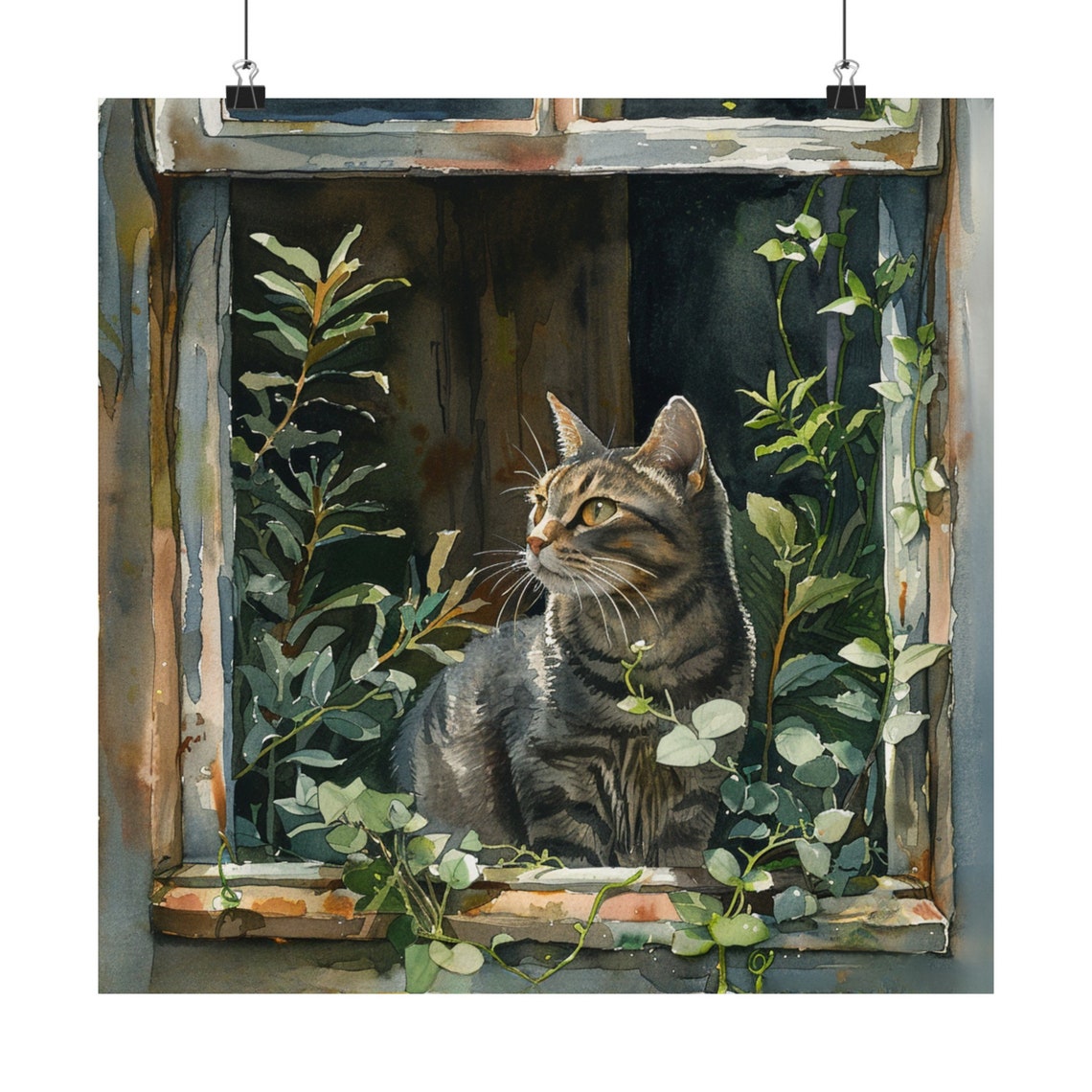 Tabby Cat Sitting in a Rustic Window Among Lush Green Plants Poster - Image 6