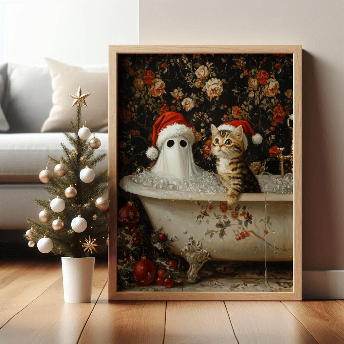 Ghost and Cat Christmas Bath Art Print, Whimsigoth - Image 2