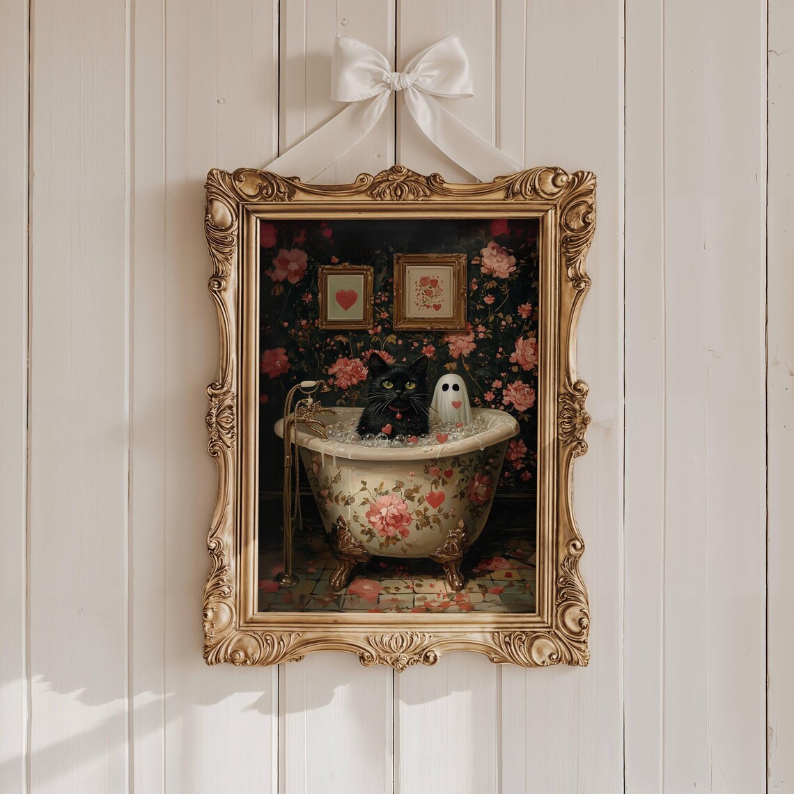 Black Cat and Cute Ghost Sharing a Heart-Filled Bubble Bath Valentine Poster - Image 2