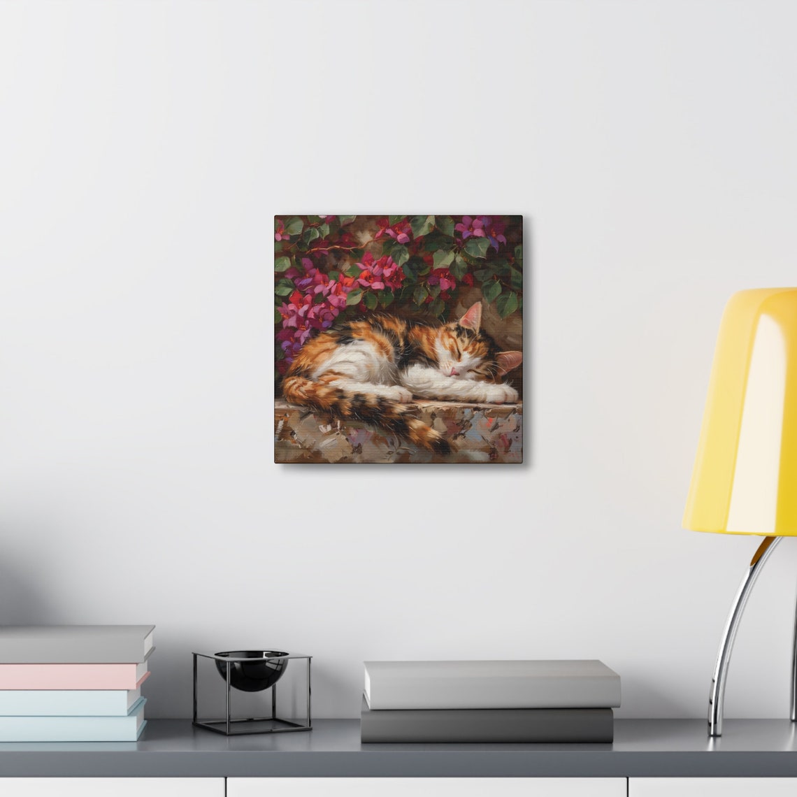 Sleeping Calico Kitten On A Stone Wall Beneath Flowers Oil Poster - Image 6