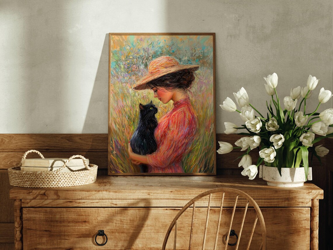 Impressionist Woman Hugging a Black Cat in a Flower Meadow Poster - Image 4