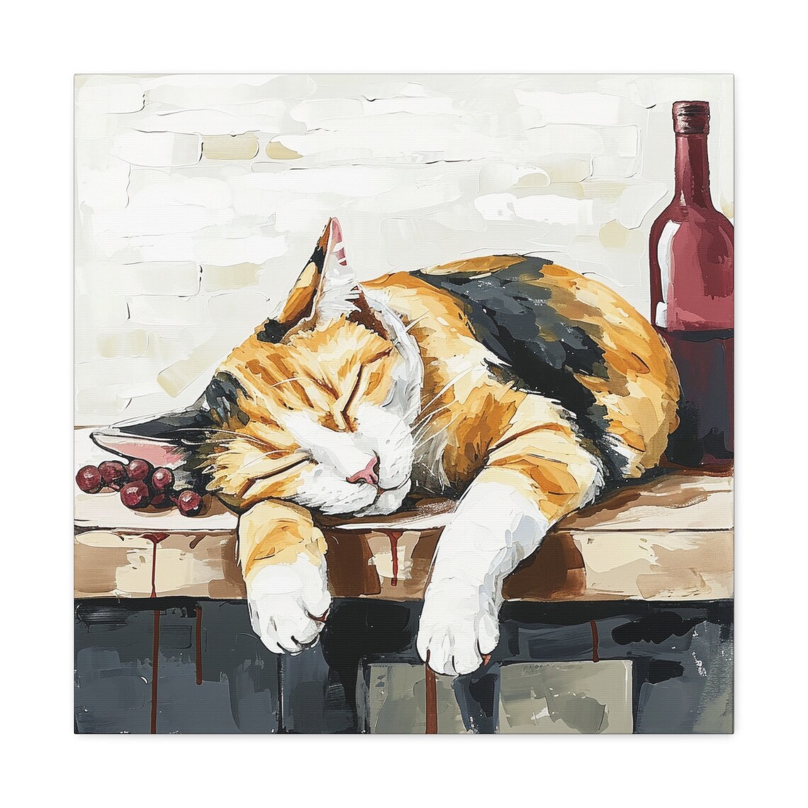 Calico Cat Sleeping Next to a Wine Bottle Oil Painting Poster - Image 5