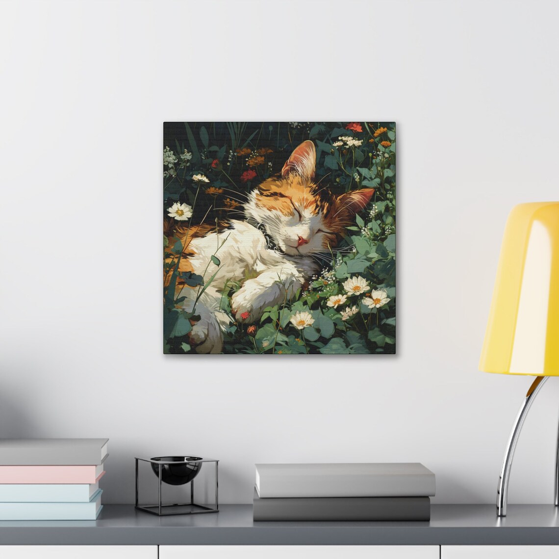 Calico Cat Sleeping in a Sunny Wildflower Garden Scene Poster - Image 3