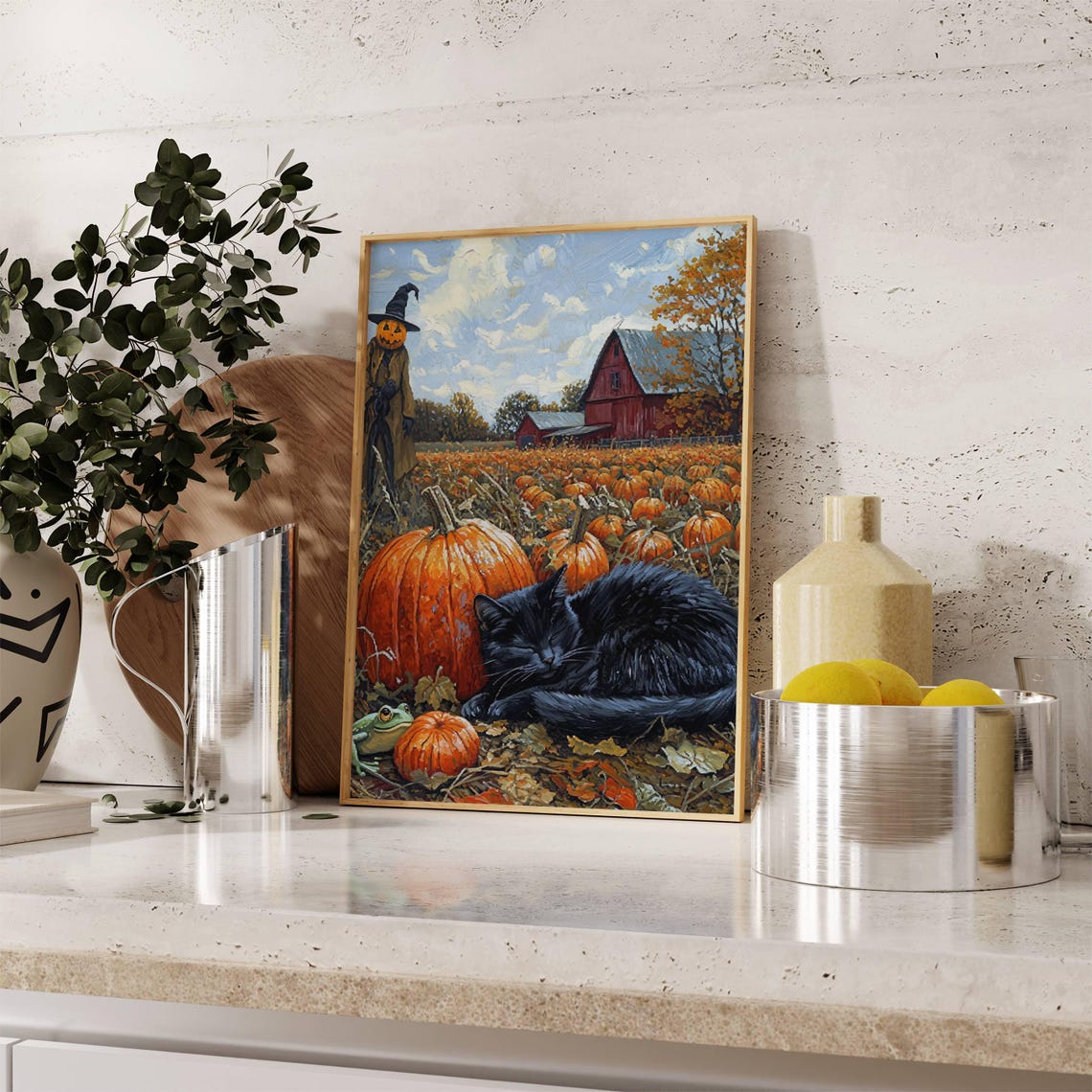 Black Cat Sleeping Among Pumpkins by a Red Barn Halloween Poster - Image 6