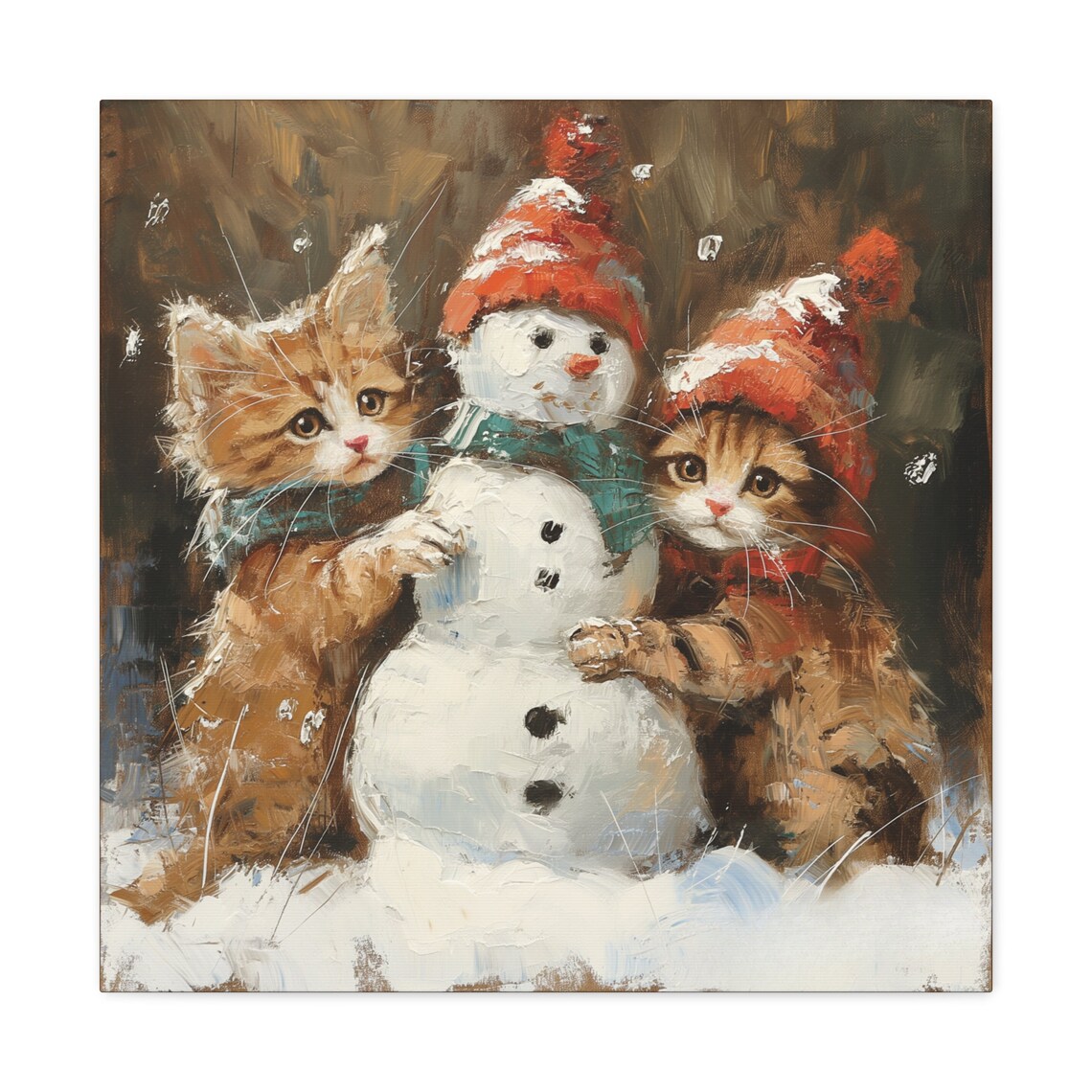 Two Kittens Hugging Snowman Winter Oil Painting Cat Art Poster - Image 2