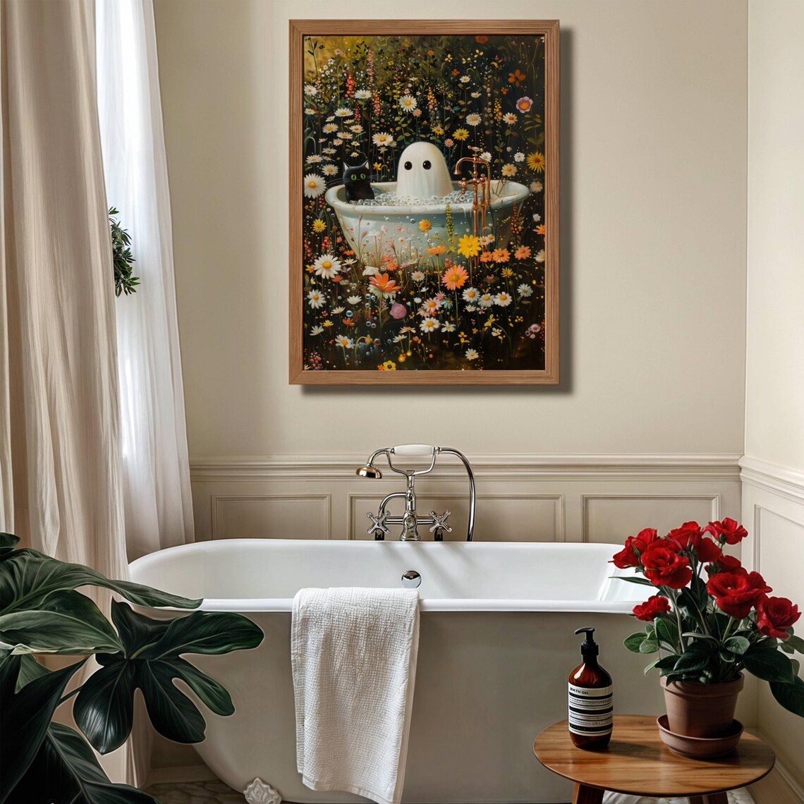 Ghost And Cat In Bathtub, Whimsigoth Halloween Art Print - Image 6