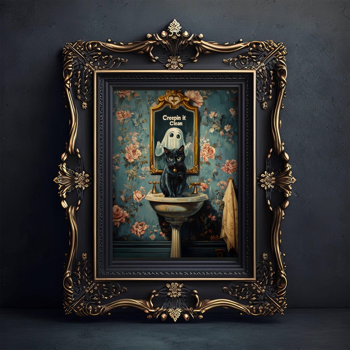Creepin It Clean Funny Ghost and Black Cat Bathroom Sink Poster