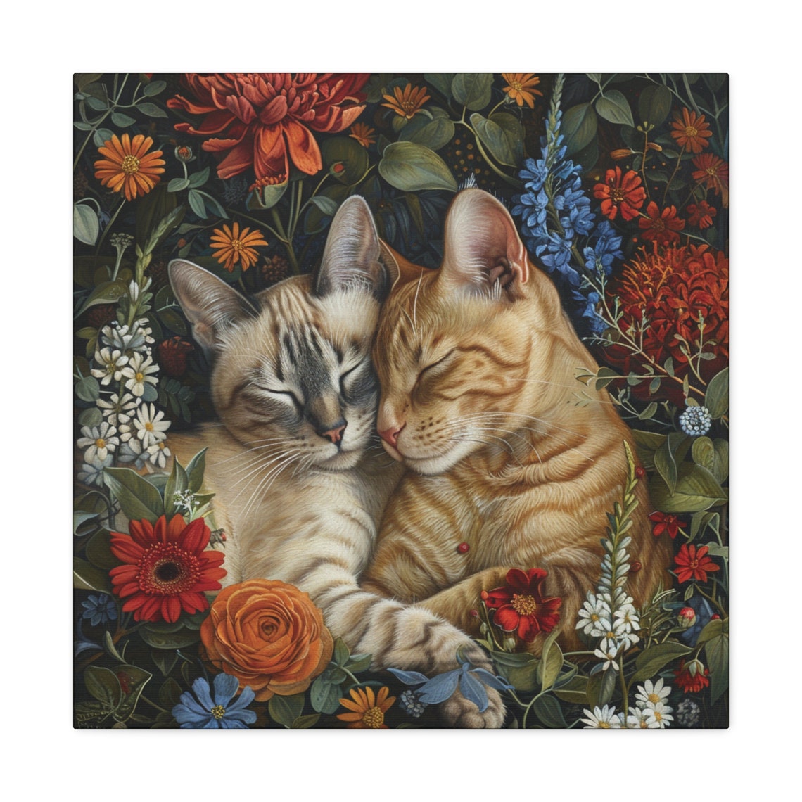 Two Cuddling Cats Napping Among Vibrant Wildflower Blooms Poster - Image 5