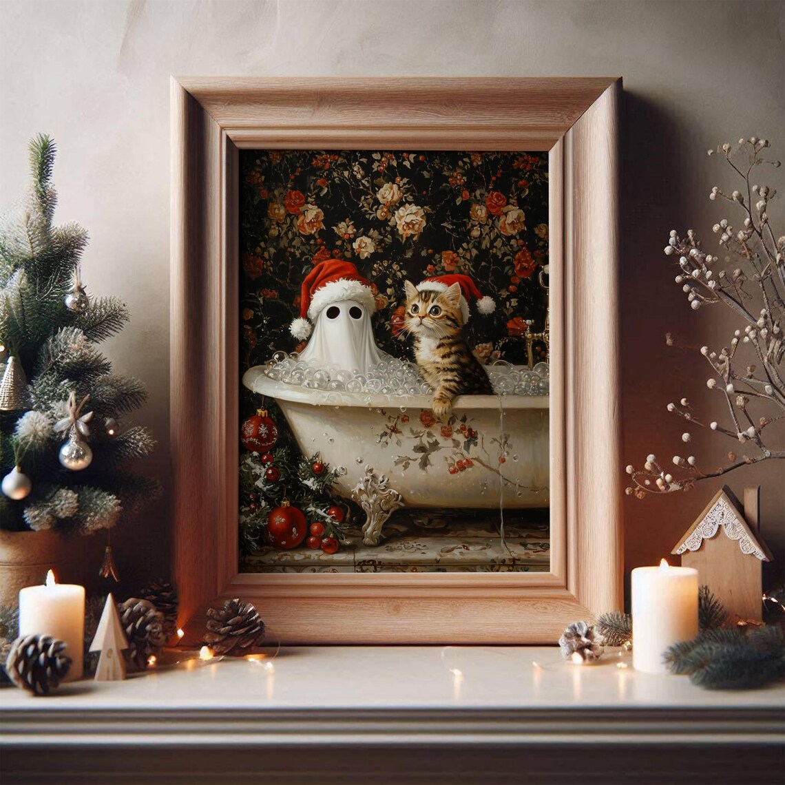 Ghost and Cat Christmas Bath Art Print, Whimsigoth - Image 5