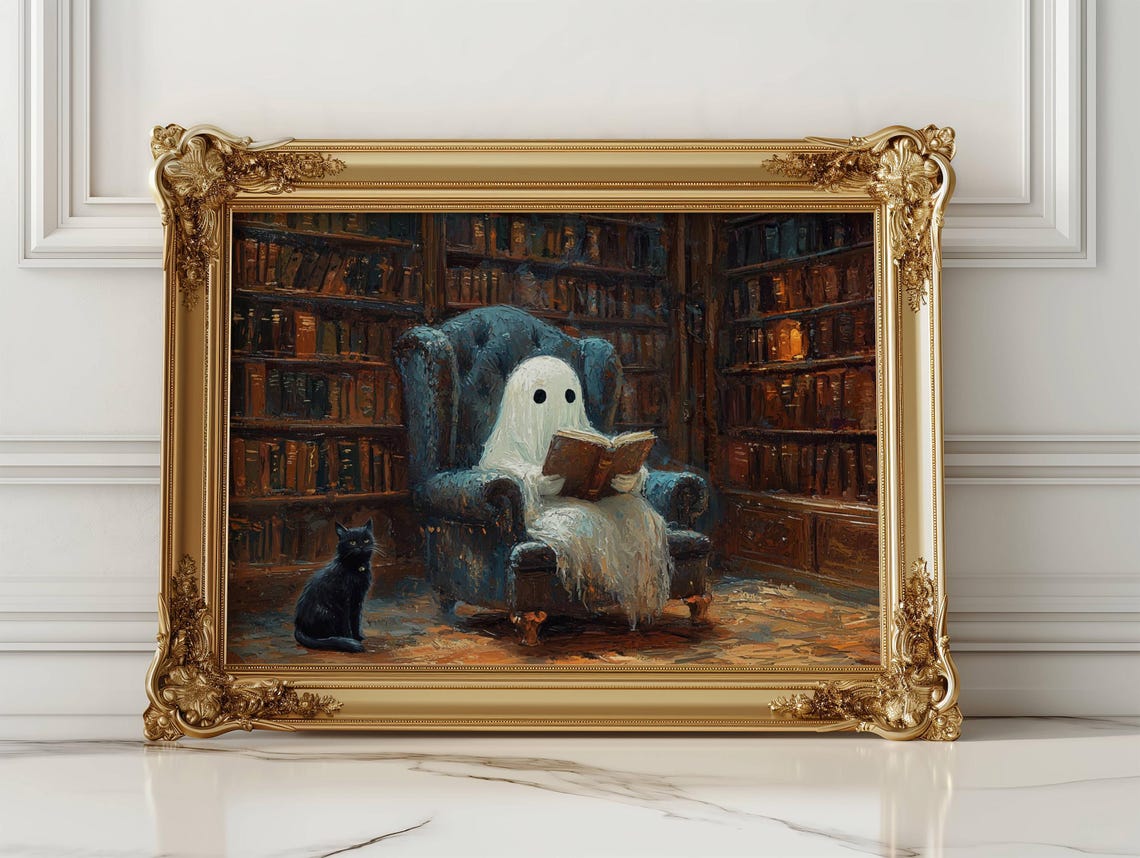 Sweet Ghost Reading a Book in a Cozy Candlelit Library Armchair Poster - Image 7