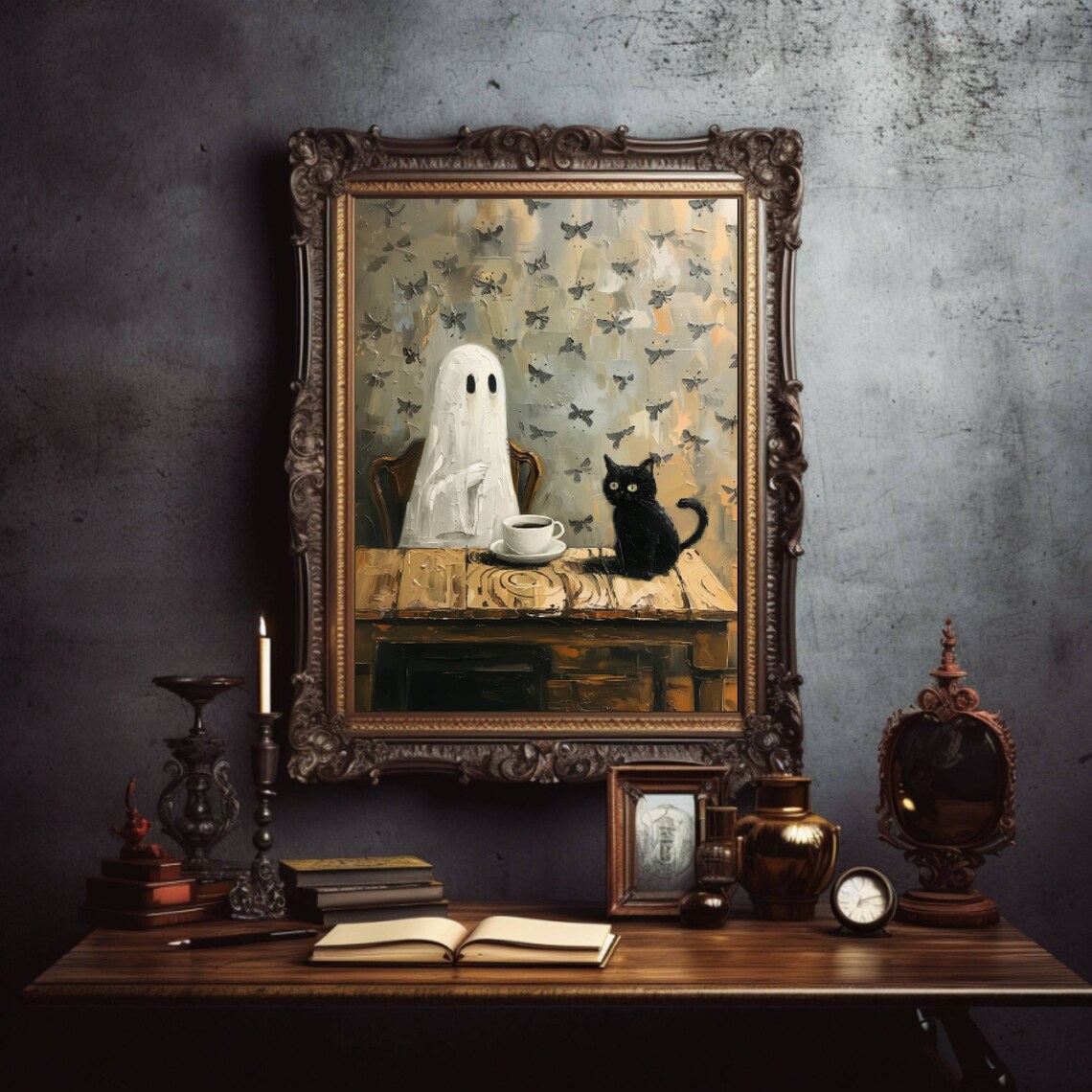 Coffee Time Ghost and Black Cat, Halloween Art Print - Image 3