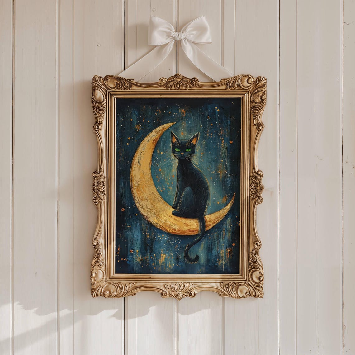 Black Cat Sitting on a Golden Crescent Moon Starry Night Poster - Image 4