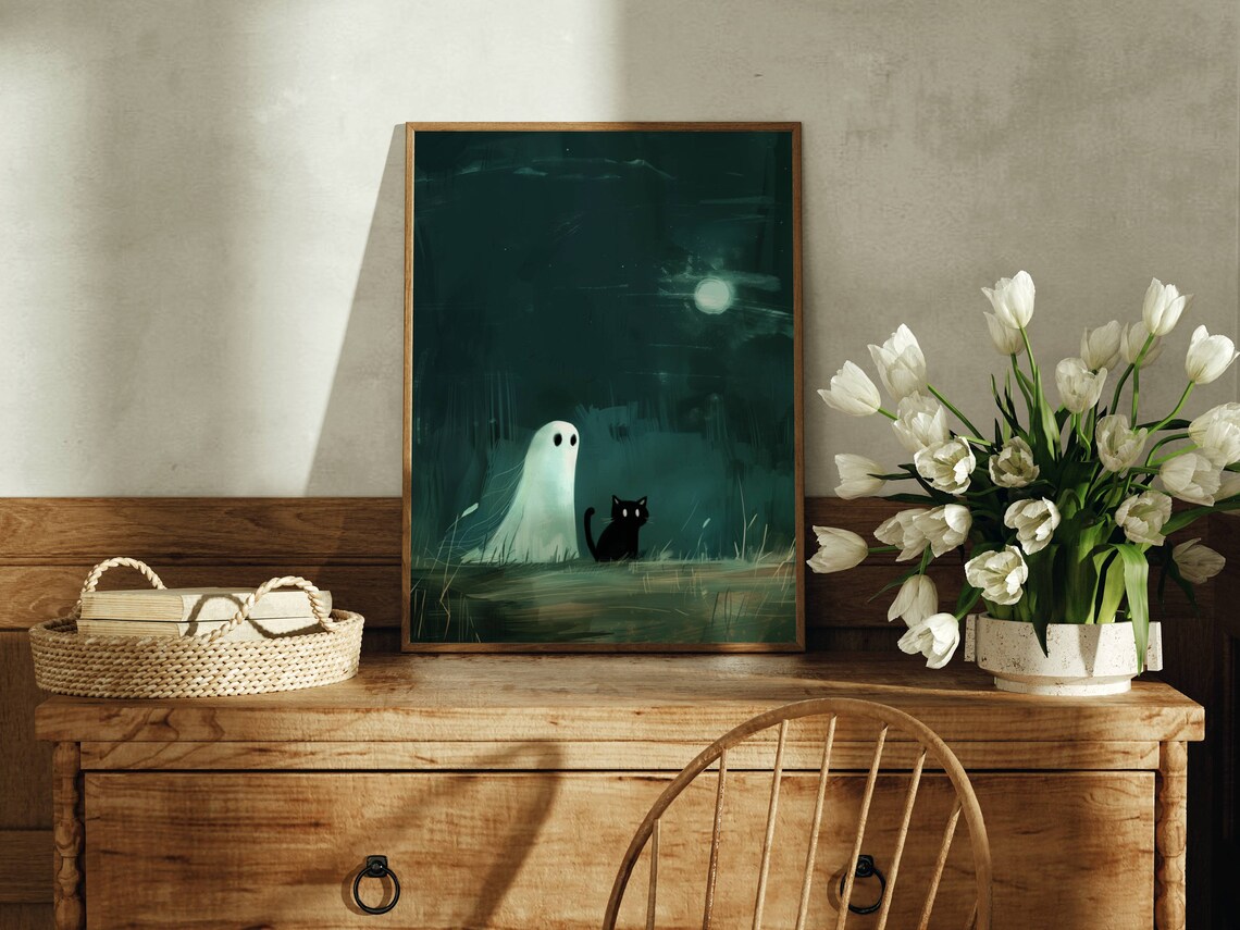 Ghost And Black Cat On A Hill Under The Full Moon Night Poster - Image 2
