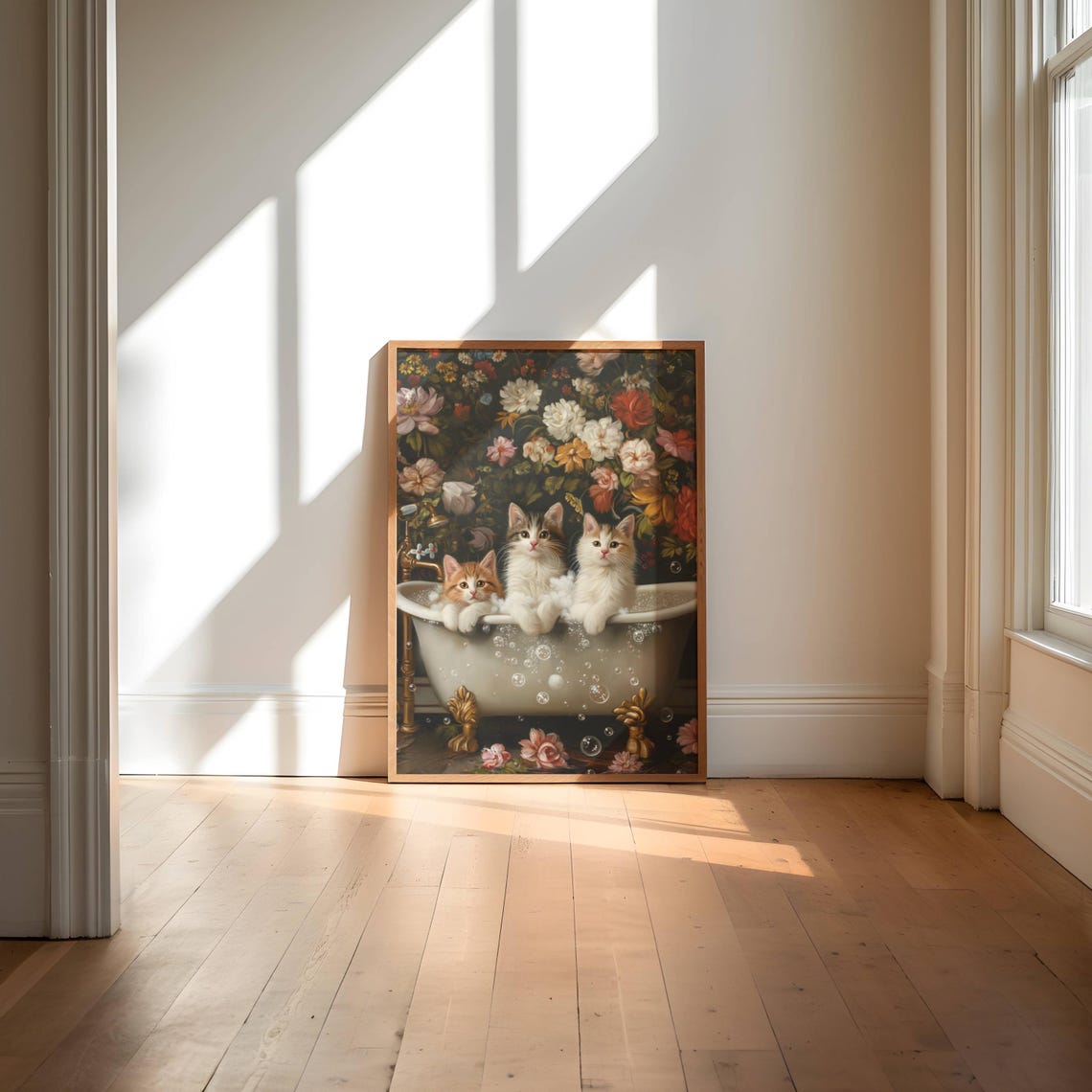 Three Cute Kittens In A Bubble Bath Vintage Floral Art Poster - Image 5