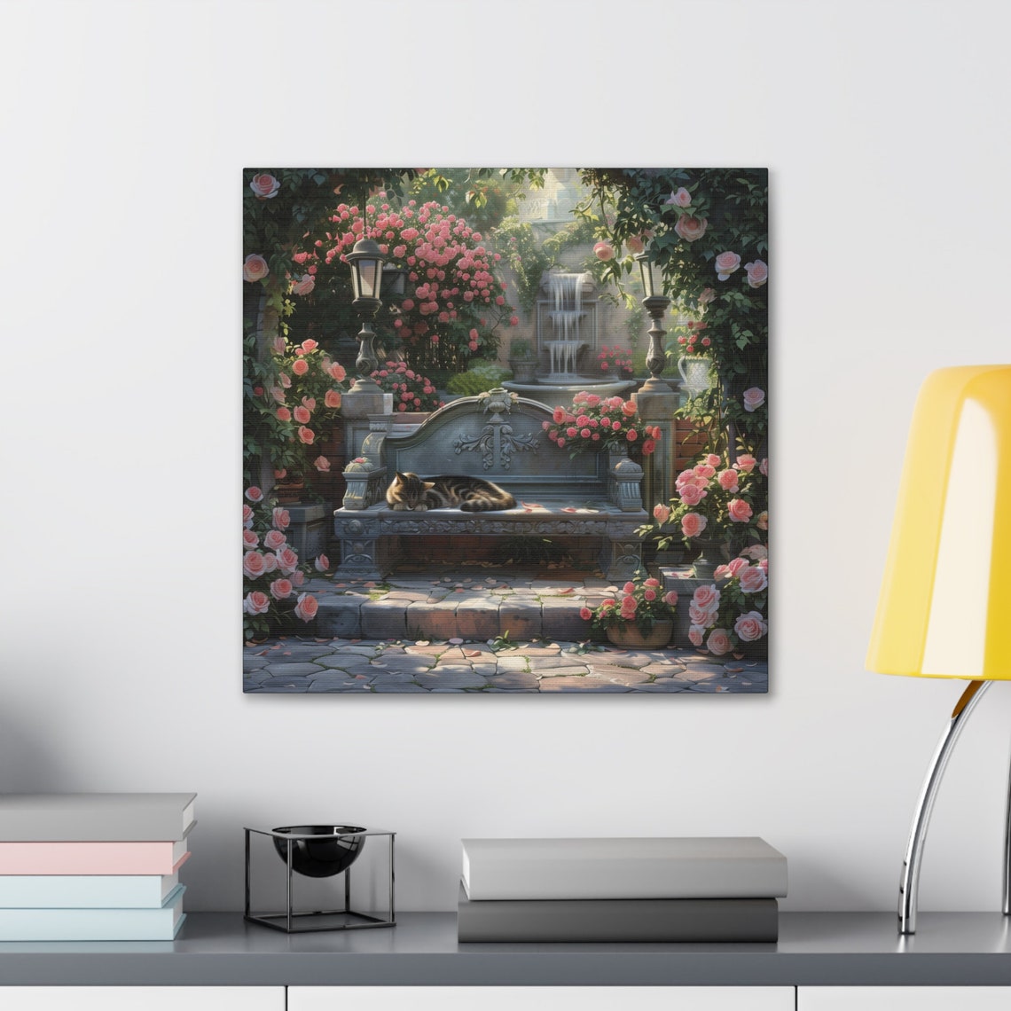 Tabby Cat Napping on Stone Bench in Pink Rose Garden Fountain Poster - Image 3
