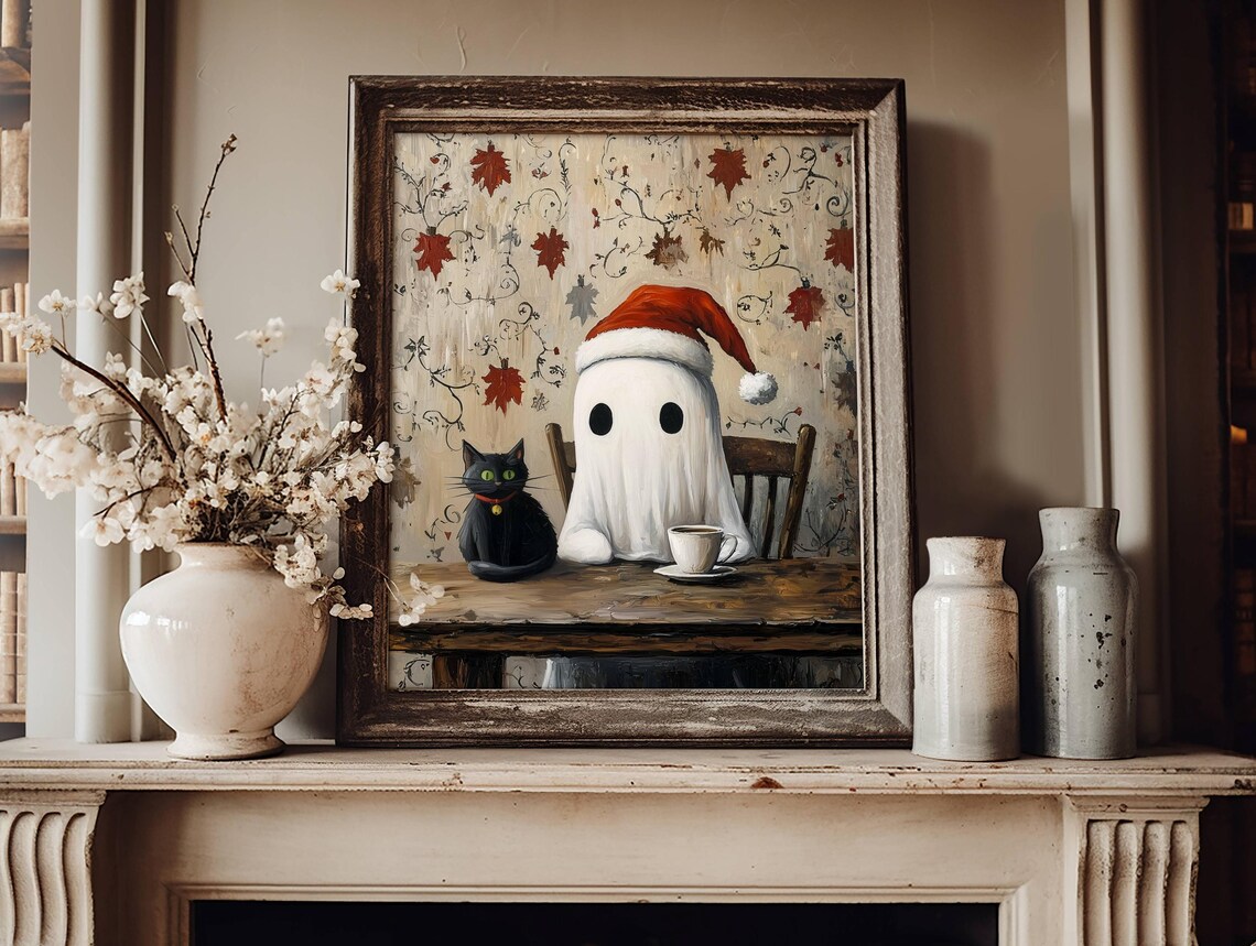 Christmas Ghost and Black Cat, Whimsigoth Art Print - Image 5