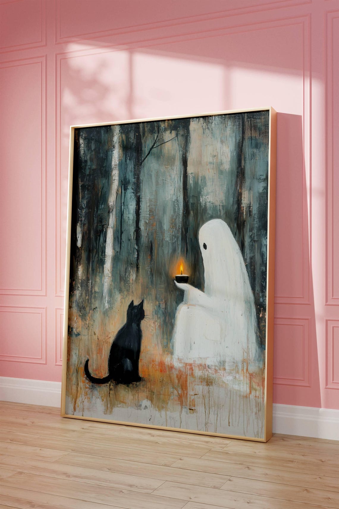 Ghost With A Lit Candle And Black Cat In A Misty Forest Poster - Image 5