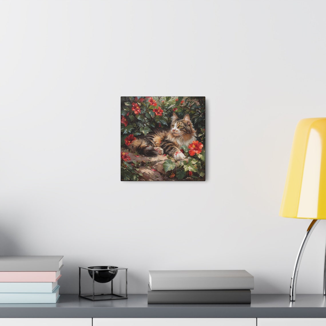 Long Haired Tabby Cat Resting Among Red Hibiscus Flowers Poster - Image 7
