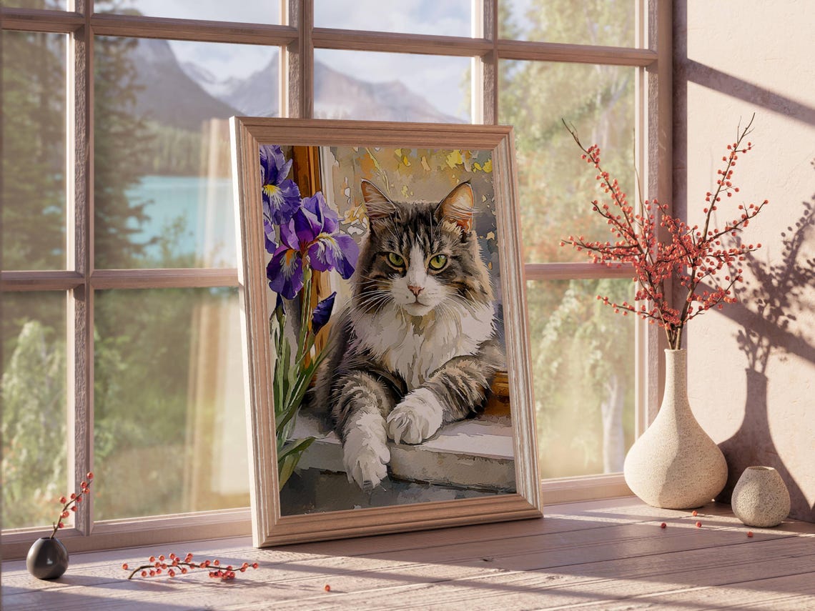 Fluffy Tabby Cat Beside Purple Irises by Window Watercolor Poster - Image 7